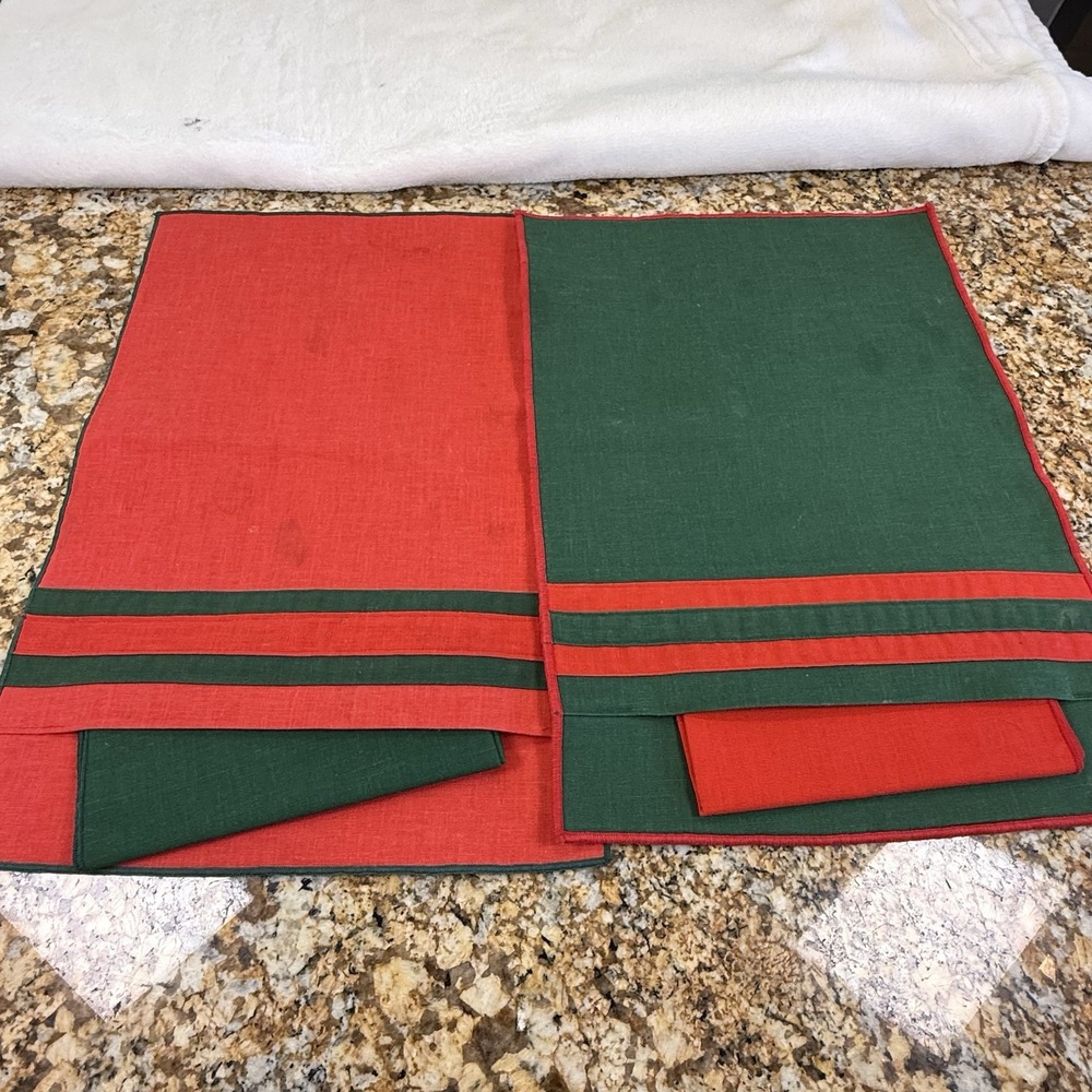 Vintage Christmas Placemats Napkins Set Red Green Reversible Holiday Linens